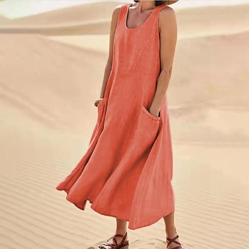 Damen Midikleid 100% Baumwolle Shiftkleid Sommerkleid Baumwoll-Leinen-Kleider Mode Klassisch Urlaub Ausgehen Wochenende Normale Passform Einfach Ärmellos Rundhalsausschnitt Weiß Rosa Orange Khaki Image