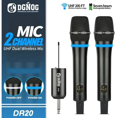 Dual Wireless Microphone DGNOG DR20 Professional 2 Channel UHF Handheld Dynamic Karaoke Mic for