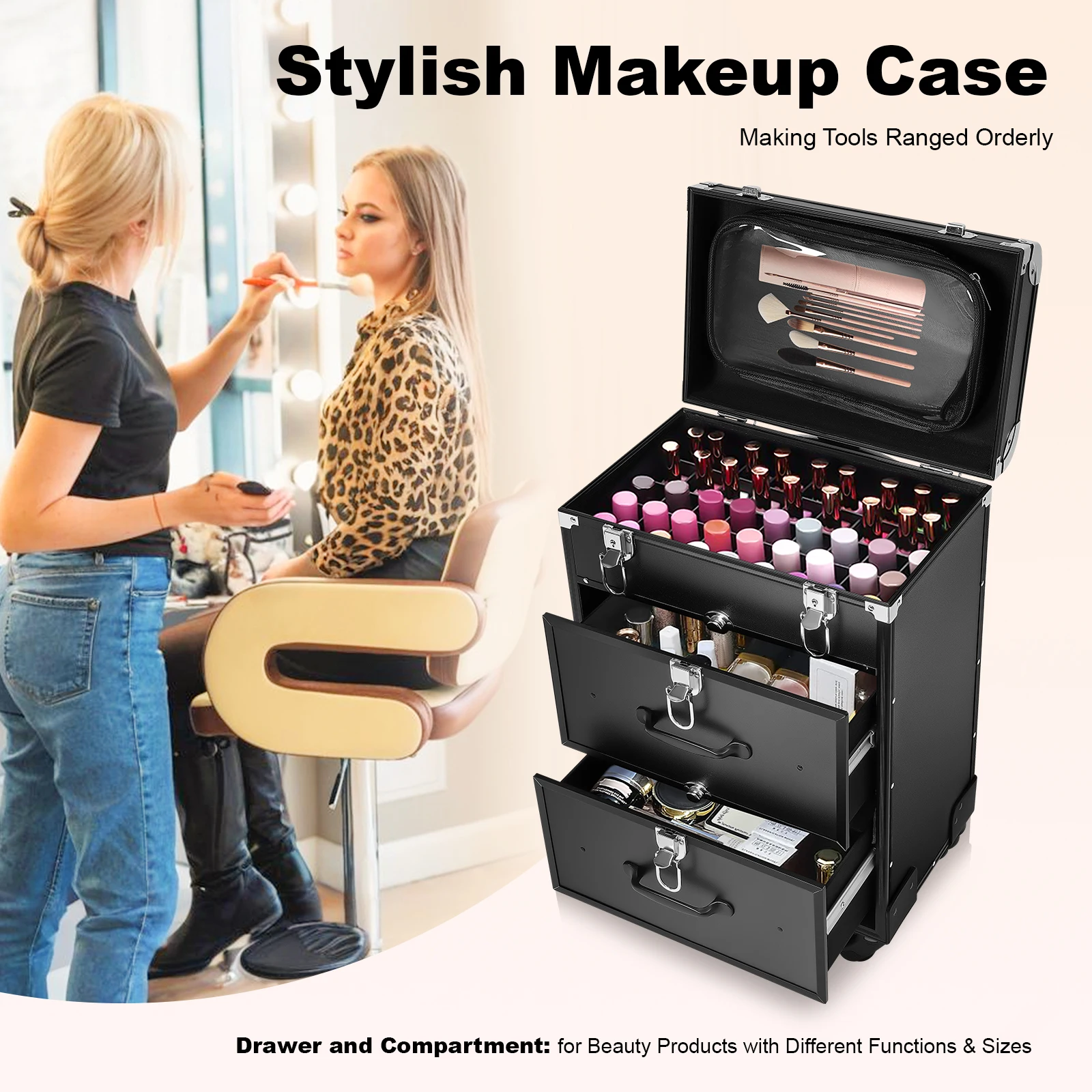 Custodia per cosmetici con rotelle Carrello per cosmetici grande con serratura Custodia per cosmetici professionale con rotelle con cassetti per salone di trucco