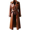Trench in pelle da donna - Cappotto in pelle con cintura - Cappotto in pelle marrone lungo - Trench in pelle alla moda