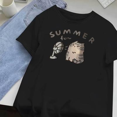 "TEMU Women's Casual Short Sleeve T-shirt With Cute Cartoon Cat & "summer Fun" Graphic Print - Light Beige Round Neck Tee, Breathable Fabric, Machine Washable, Sizes S-xxl, Ladies T Shirts" Image