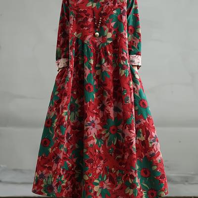 TEMU Women's Boho Style Floral Print Maxi Dress - Loose Fit, Long Sleeve, Round Neck, A-line Skirt With Pockets, Spring And Summer, Plus Size, Bohemian Dress | Floral Print Dress | Linen Dress Image
