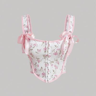 TEMU [ Aesthetic] Chic Off-shoulder Floral Print Blouse With Front Bow Detail - Sexy, Machine Washable Polyester Top For Women, Summer Image