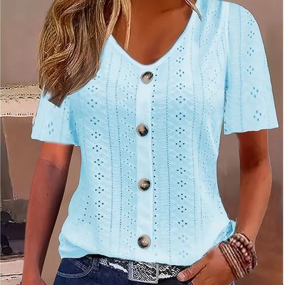 TEMU Elegant Light Blue V-neck Short Sleeve T-shirt With Decorative Buttons - Breathable Polyester Blend, High Stretch, Semi-sheer Jacquard Knit Top For Women, , Ladies T Shirts Image