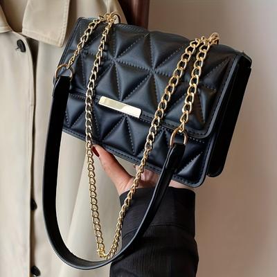 TEMU Luxury Leather Quilted Crossbody Bag For Women, Solid Shoulder Bag With Chain Strap, Magnetic Closure, Leather , Tote Purse Image