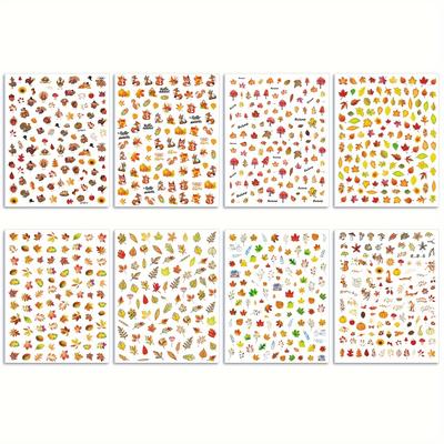 TEMU 8pcs/set Autumn Leaf Nail Stickers, Autumn Nail Stickers Maple Leaf Turkey Fox Nail Art Stickers, Thanksgiving Nail Decoration Accessories 3d Self-adhesive Stickers Female Diy Nail Supplies Image
