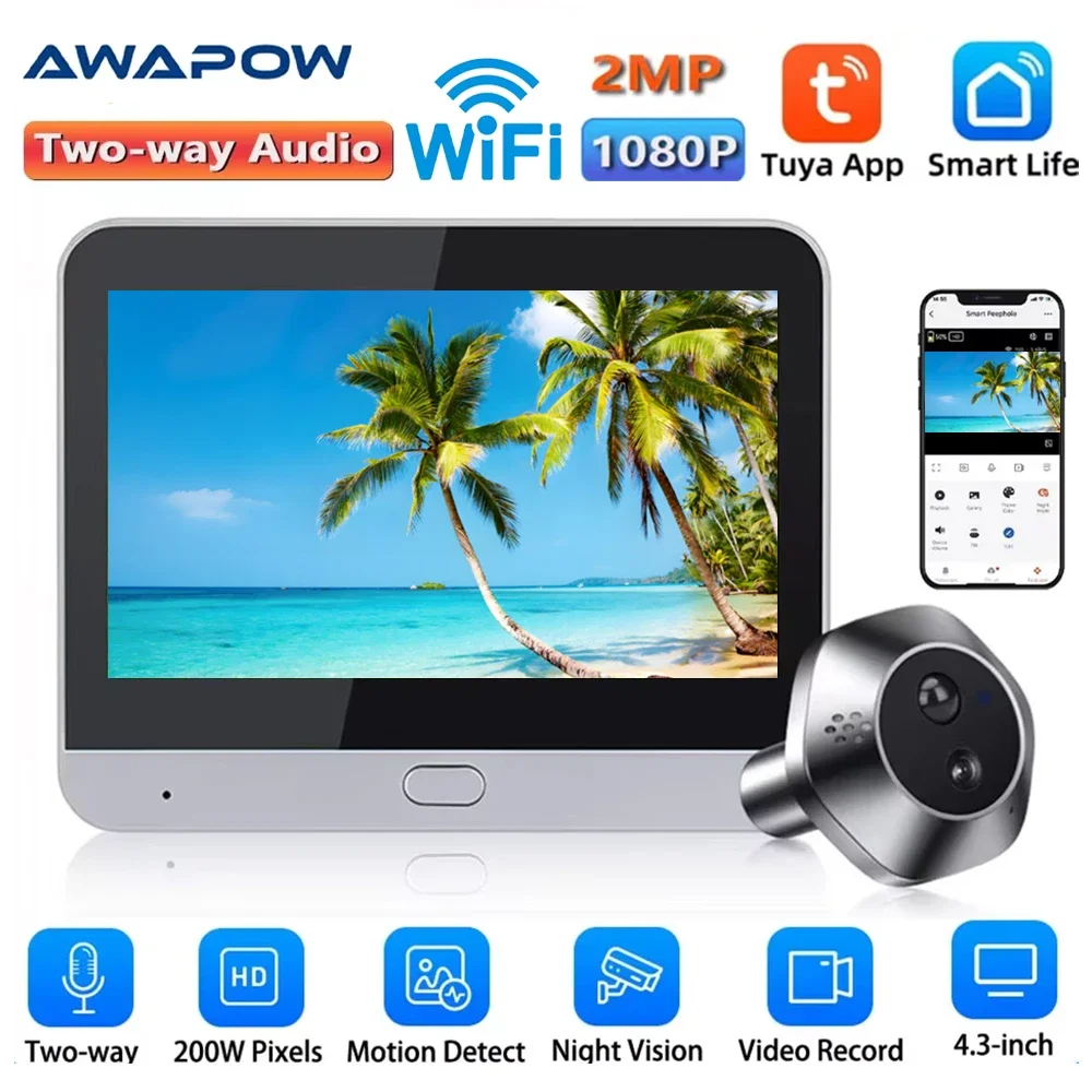 Awapow Drahtlose WiFi Guckloch Kamera Tuya Audio Türklingel Hause Digitale Tür Kamera Viewer Smart Leben PIR Bewegungserkennung Image