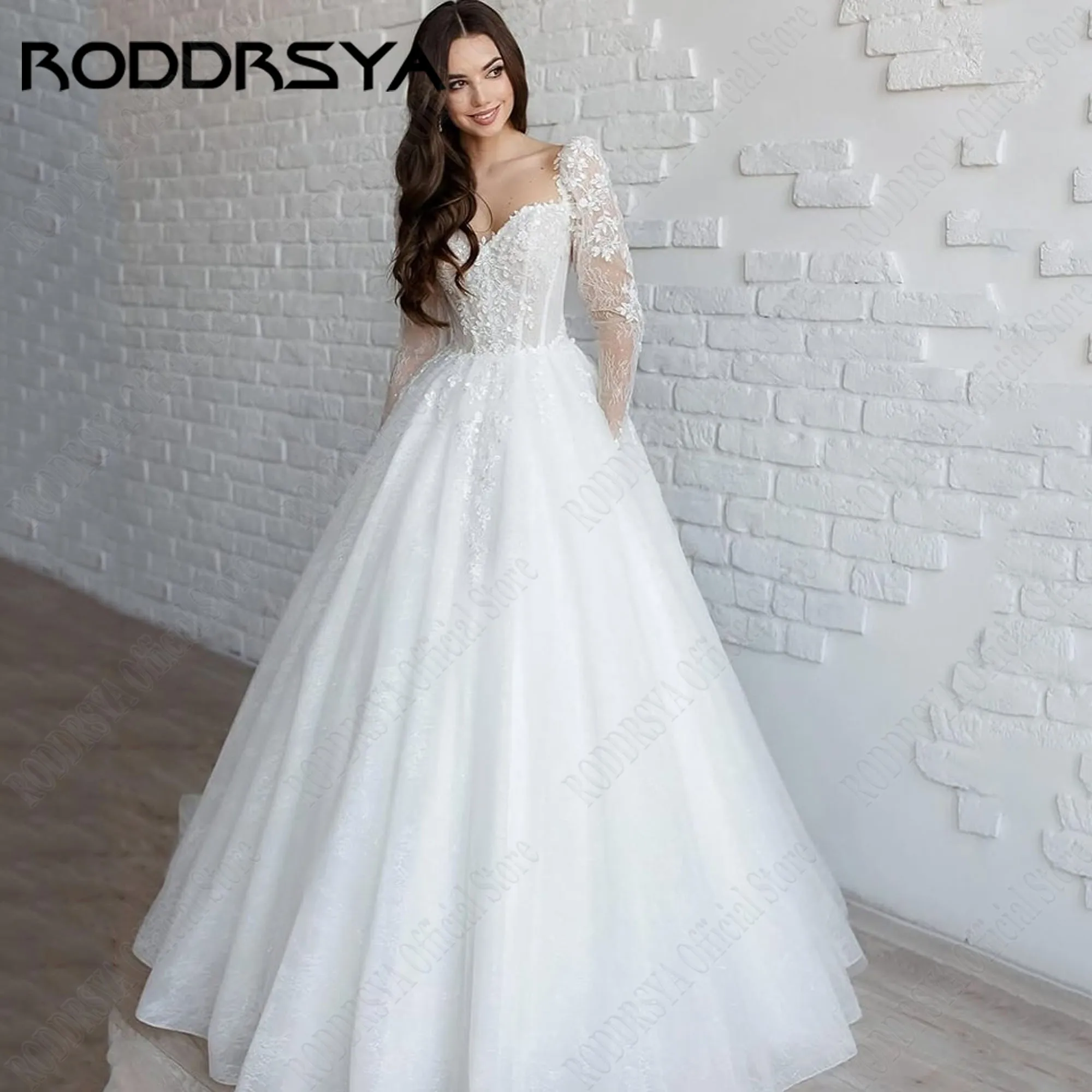 Roddrsya Schatz Spitze Brautkleid Langarm A-Linie elegante Brautkleider mit Taschen applikation Vestidos de Novia angepasstRODDRSYA Herz Spitze Brautkleid Langarm A-Linie Elegante Brautkleider mit