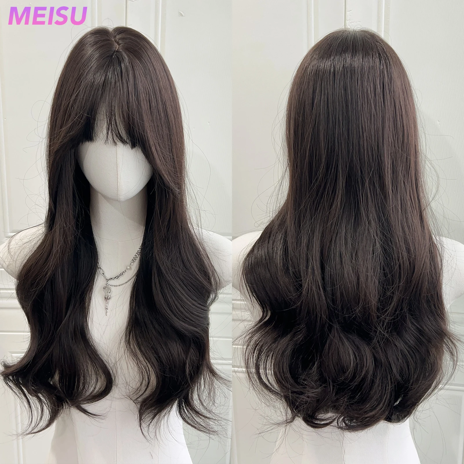 MEISU 24-Zoll-Synthetik-Perücke mit schwarzem Tee, lockig, hitzebeständig, natürliches glattes Haar, stilvolle Party-Perücken für Frauen Image