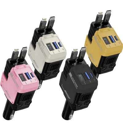 4 in 1 Auto ladegerät mit 2 einziehbaren 80cm Kabeln USB Typ C Autotelefon Ladegerät Voltmeter Netzteil für iPhone iPad Samsung