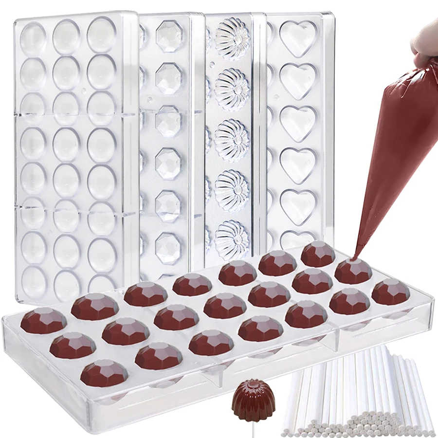 32 Stile Schokoladenform mit 50 Stück 23,5 cm Spritzbeutel und 50 Stück 7,6 cm Papierstab, Werkzeuge zur Herstellung von Schokoladenbonbons, Küchen-Backform Image