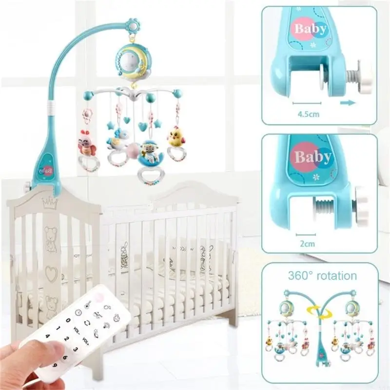 Baby Musical Crib Mobile hängende Rasseln und Fernbedienungs-Musikbox mit Musik Nachtlichter für Boy Girl 0-24 Monate A2UB Image