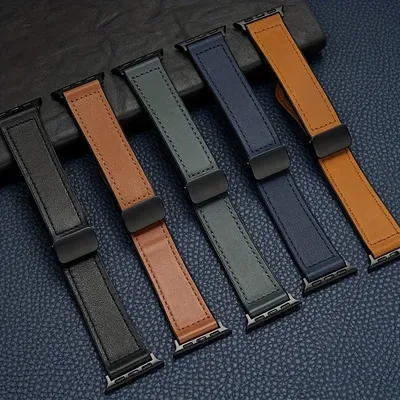 Leather Watch Strap Magnetic Buckle with Apple Watch 49mm 45mm 44mm 42mm, Ultra Ultra2 Series Image