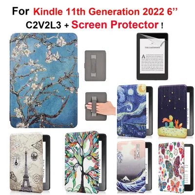 Leather Case for Kindle 11th Generation 2022 6 Inch C2V2L3 + Screen Protector Hand Strap Funda Ebook