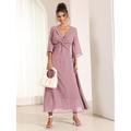 Elegantes Maxi-Sommerkleid aus Chiffon für Damen mit Rüschen und gedrehtem V-Ausschnitt ausgestellten 3 4-Ärmeln – Perfekt für Hochzeitsgäste