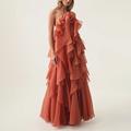 Elegantes A-Linien-Bodenlanges ärmelloses Halfterkleid aus Organza mit Blumen und Rüschen