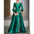 Elegantes A-Linien-Abendkleid für Hochzeitsgäste – formelles Black Tie-Cocktailparty-Kleid aus langärmligem Satin mit V-Ausschnitt und bodenlangem Kleid 2024
