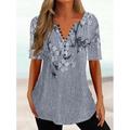 Damen Henley-Shirt mit Blumendruck und Knopfleiste T-Shirt Basic Rundhalsausschnitt kurzärmelig Tunika Urlaub Wochenende