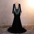 Elegantes Samt Meerjungfrau Trompeten Abendkleid mit Applikationen Formelles Abschlussballkleid Lange Ärmel Rundhalsausschnitt Gerichtszug