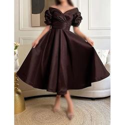 Elegante Cocktailkleider in A-Linie formelles Abschlussballkleid in wadenlanger Länge kurzärmliges herzförmiges Satinkleid mit Rüschen das beeindruckt 2024