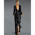 Elegantes Cocktailkleid in A-Linie mit Pailletten Rüschen und Schlitz V-Ausschnitt lange Ärmel asymmetrisches Abendkleid