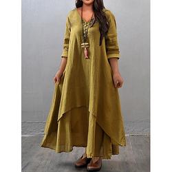 Damen Übergröße Curve Casual Swing Maxikleid Lange Ärmel Knopfleiste Zweiteiliges Design und V-Ausschnitt - Einfarbig Basic Alltagskleidung Sommer und Frühling