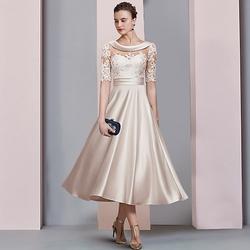 A-Linien-Kleid für die Mutter der Braut Hochzeitsgäste eleganter Vintage-Stil U-Ausschnitt bodenlang Satin und Spitze halbe Ärmel geraffte Applikationen beeindruckendes Kleid 2024