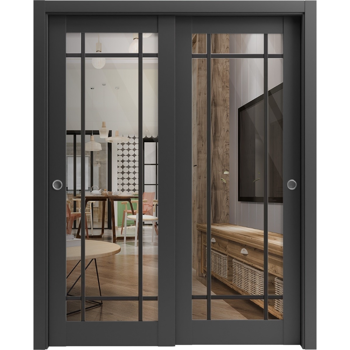 Bypass Doors 36 x 80 Lucia 2266 Matte Black Clear Glass Sturdy Rails