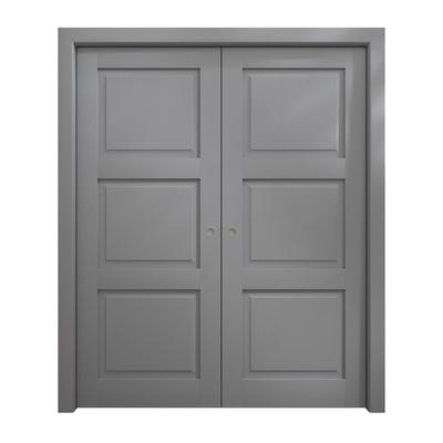 Sliding French Double Pocket Doors 36 x 80 inches | Ego 5010 Painted Grey Oak | Kit Rail Hardware | Solid Wood Interior