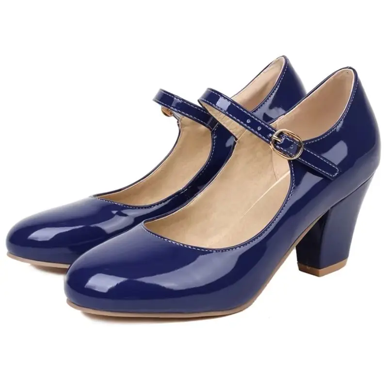 Women's Navy Blue High Heels Pumps Big Size 45 Lolita Mary Jane Shoes Elegant Black Red Pink Heeled Office Wedding Dress Shoes