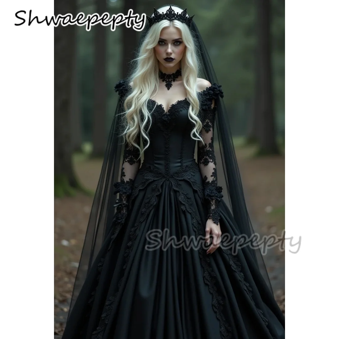 Gothic-Hochzeitskleid mit langen Ärmeln, A-Linie, Vintage-Schwarz, Brautkleid, Spitzenapplikationen, Korsett, A-Linie, Retro-Brautkleider, individuell gestaltet