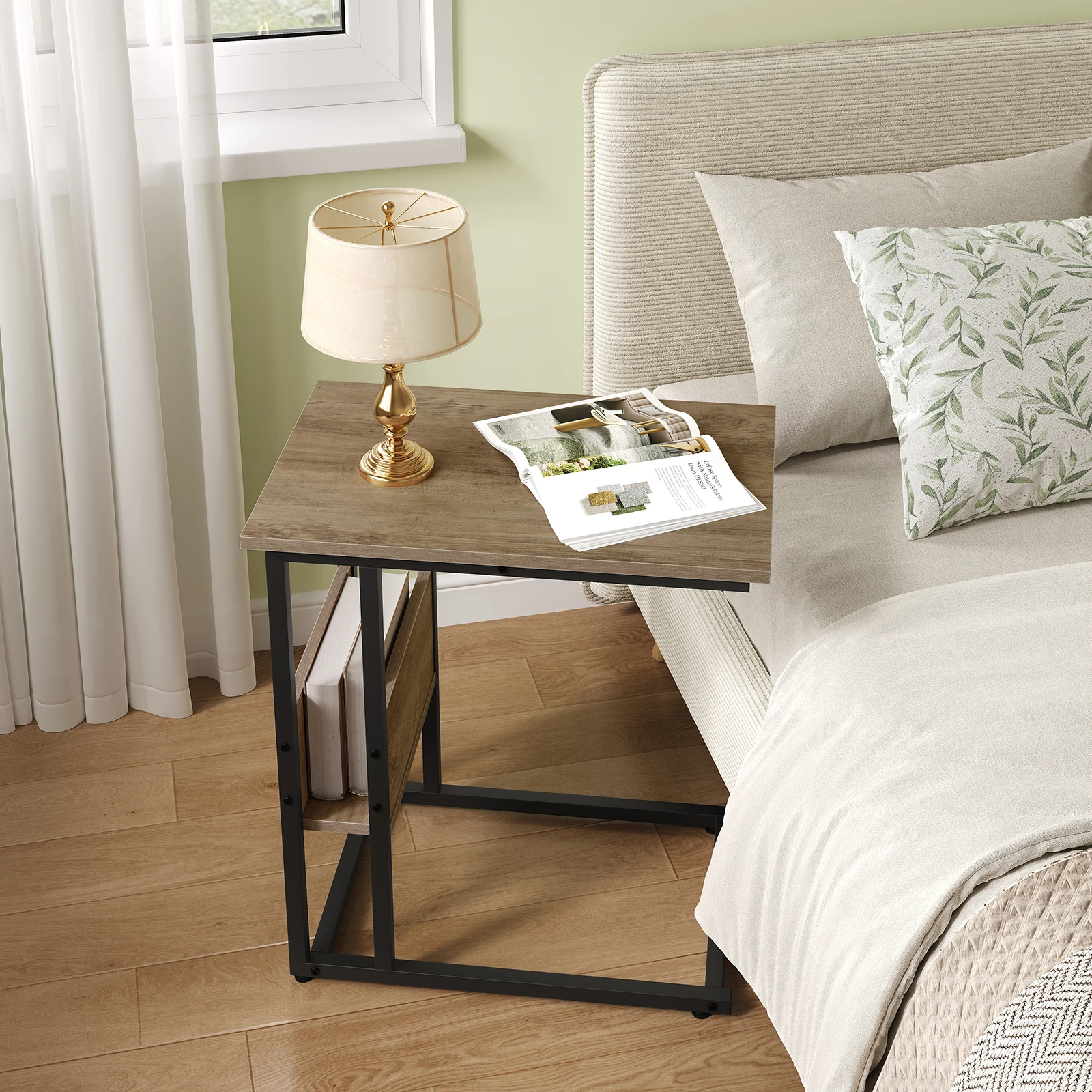 WOLTU C-förmiger Couchtisch, Beistelltisch mit Stauraum, Sofatisch, schmaler Nachttisch für Wohnzimmer, Schlafzimmer, industrielles Design