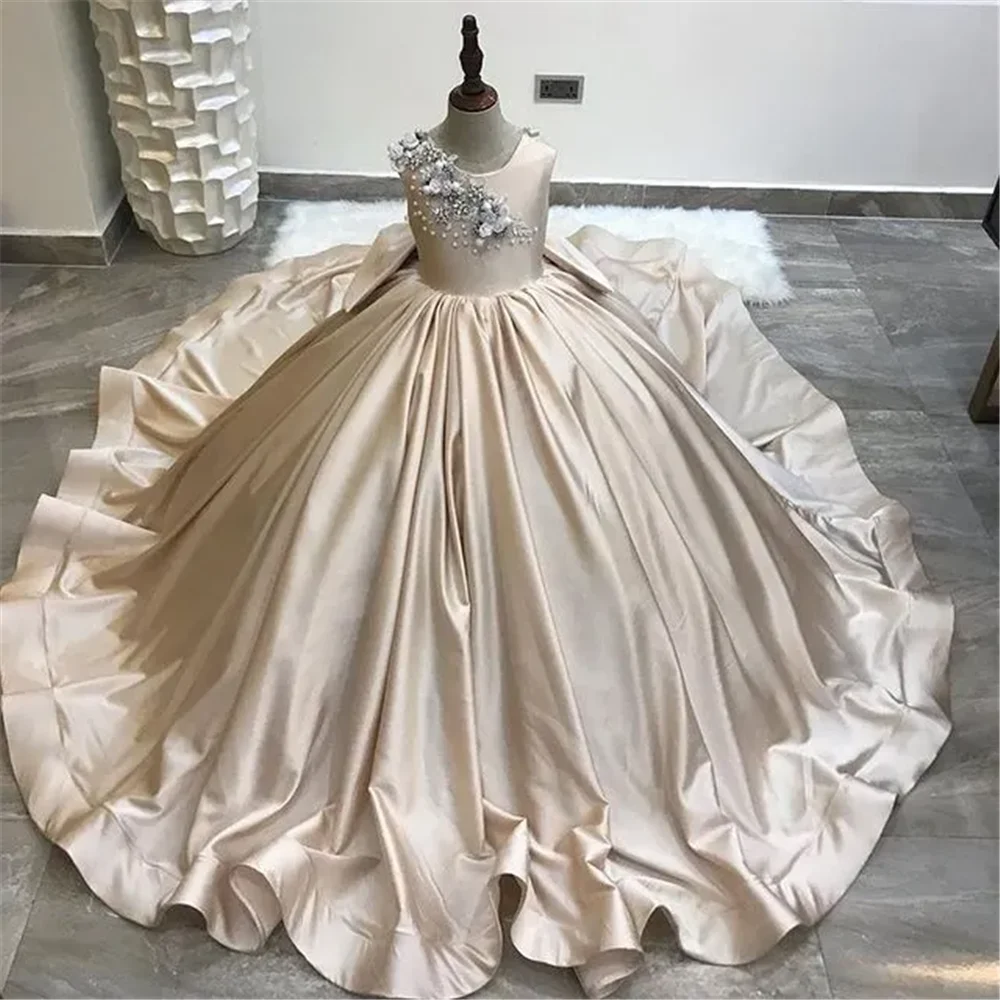 Elegante Champagner Spitze Perlen Satin rücken frei Blumen mädchen Kleid Mode Tüll elegante lila Kinder Geburtstag Festzug Hochzeits kleid