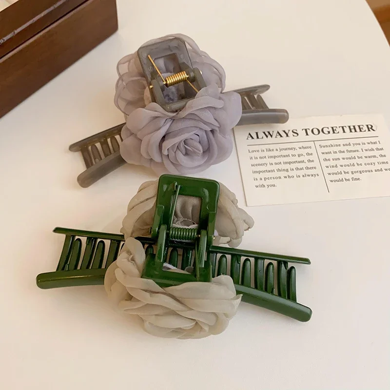 Acryl grau grün Rose Blumen Stoff Garn Haar Krallen für Frauen Mädchen Fairycore Hochs teck frisur Hai Clips Temperament Kopf Zubehör Image