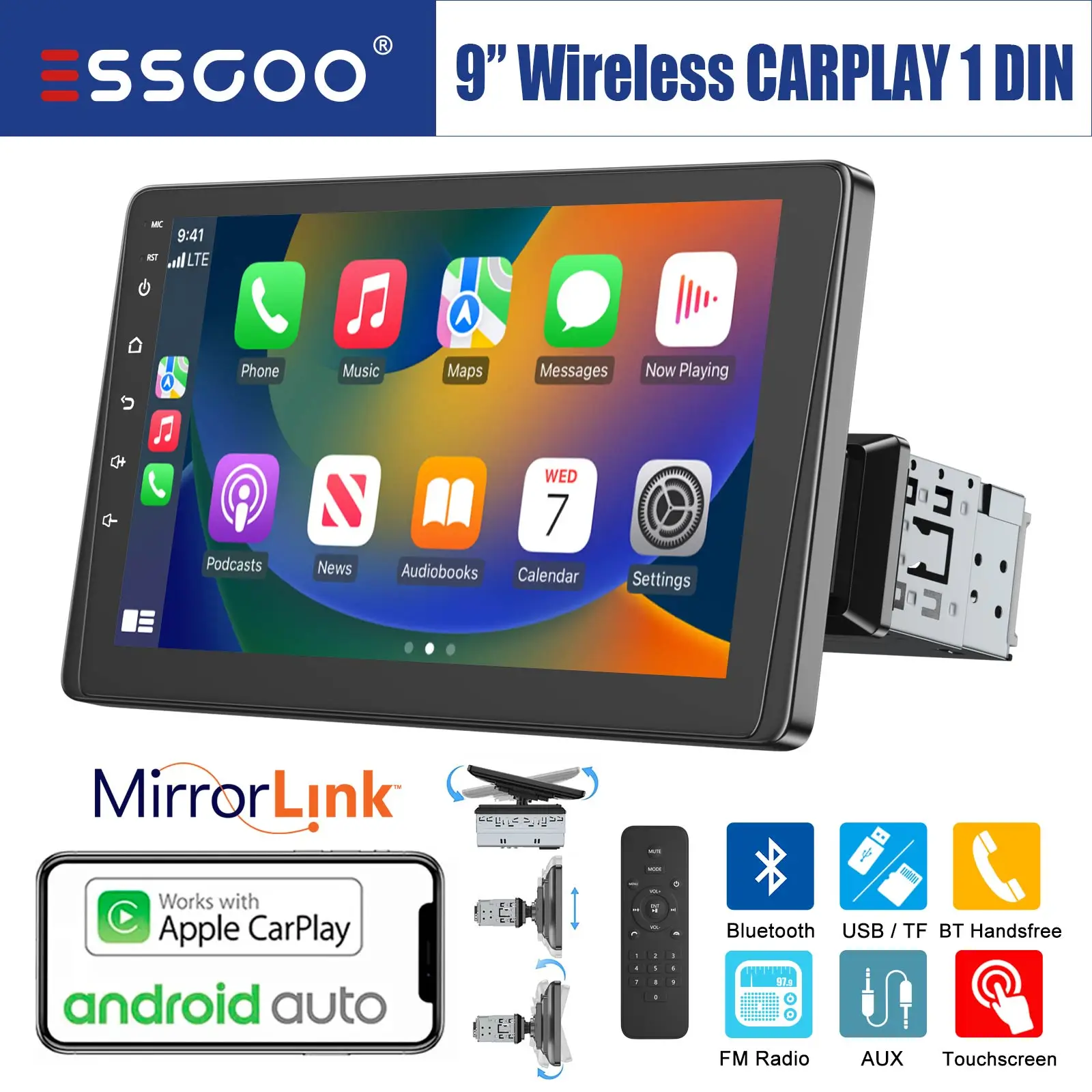 ESSGOO 9-Zoll Single DIN Autoradio mit kabellosem CarPlay, Android Auto, IPS-Bildschirm, FM, Bluetooth Freisprecheinrichtung, USB, AUX, TF, SWC und Mirror Link Image