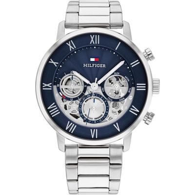Multifunktionsuhr TOMMY HILFIGER "CLASSIC", silber (silberfarben, dunkelblau), Armbanduhren, Herren, Quarzuhr, Armbanduhr, Herrenuhr, Datum, Edelstahlarmband