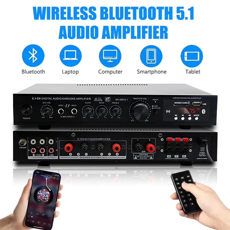 Hochleistungsverstärker AV-369BT 6-Kanal Bluetooth 5.1 Sound Lautsprecher AMP Stereo Audio Verstärker Empfänger Heimkino Verstärker Image