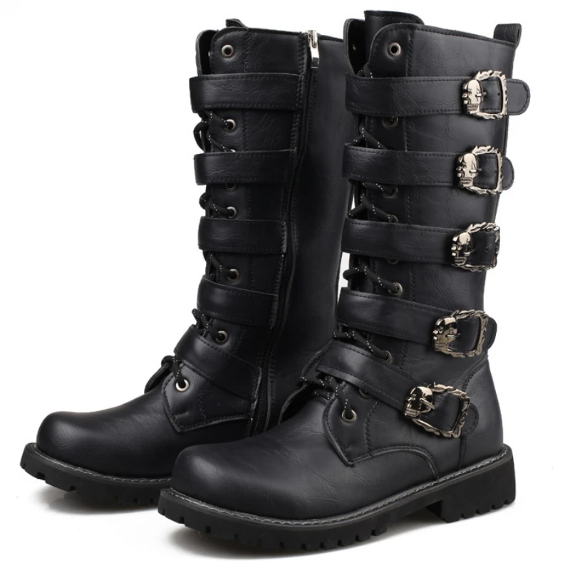 Herren Leder Motorradstiefel Mittelkalb Stiefel Gothic Gürtel Rock Punk Schuhe Outdoor Schwarz Casual Boot Winter Große Größe Herren Stiefel