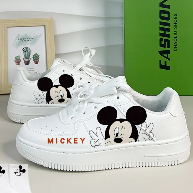 Disney Weiße Schuhe für Mädchen, PU-Leder, Cartoon-Mickey-Mouse-Schuhe, Mädchen-Baby, wasserdichte Sportschuhe, flache Größe 35–44