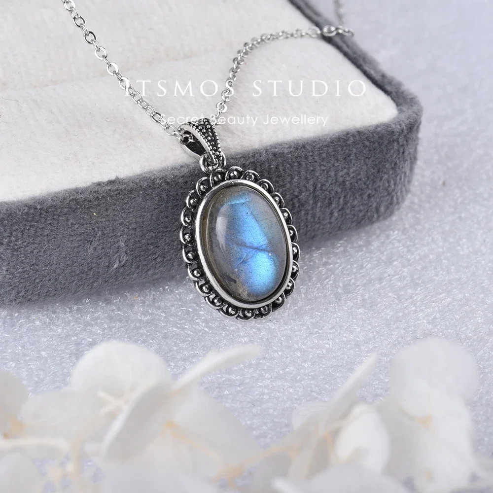 ITSMOS Halskette mit Anhänger aus natürlichem Labradorit, versilbert, schlichter Stein, Vintage-Mode, eleganter Schmuck für Frauen, romantisch Image