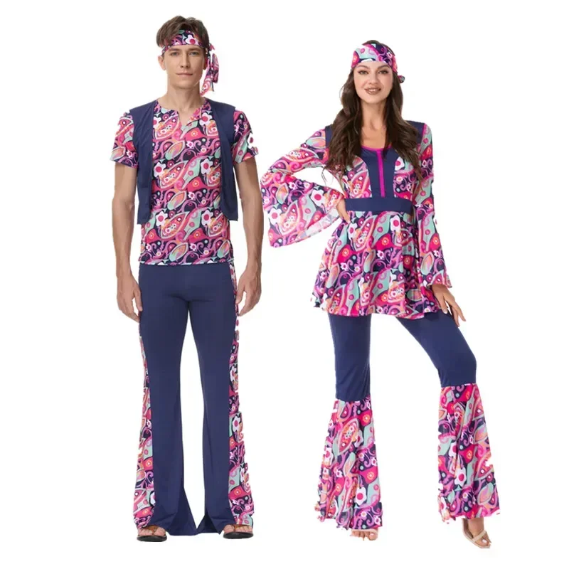 Halloween-Kostüm 70er 80er Retro Hippie Go Girl Disco Damen Herren Paar Lila Kostümparty Peace Lover Hippie Performance