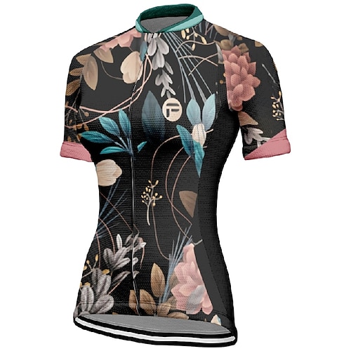 Damen Radtrikot Blume Kurzarm Fahhrad T-Shirt Trikot mit 3 Gesäßtaschen Mountainbike MTB Schnelltrocknend Anatomisches Design Feuchtigkeitsableitend Atmungsaktiv Sport Dunkelrosa Schwarz Rosa Image