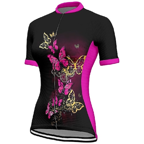 Damen Radtrikot Schmetterling Kurzarm Fahhrad T-Shirt Trikot mit 3 Gesäßtaschen Mountainbike MTB Schnelltrocknend Anatomisches Design Feuchtigkeitsableitend Atmungsaktiv Sport Blau Fuchsie Orange Image
