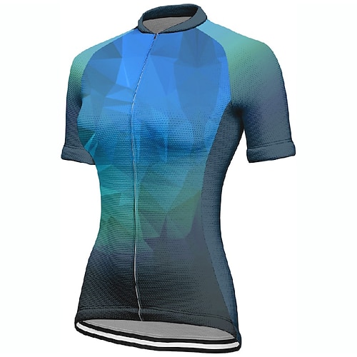 Damen Radtrikot Geometrisch Farbverlauf Kurzarm Fahhrad T-Shirt Trikot mit 3 Gesäßtaschen Mountainbike MTB Schnelltrocknend Anatomisches Design Feuchtigkeitsableitend Atmungsaktiv Sport Blau Image