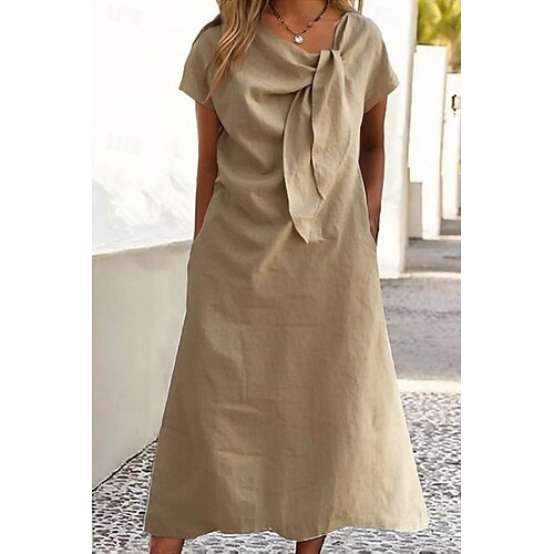 Damen Midikleid Baumwoll Mischung Shiftkleid Mode Klassisch Outdoor Ferien Wochenende Normale Passform Einfach Kurzarm Rundhalsausschnitt Gelb Orange Grün Khaki Sommer Image