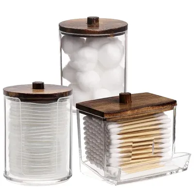 Bathroom Organizer Accessories Set Holder Storage with Clear Plastic Lids, Cotton Ball/Swabs