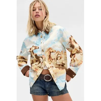 BDG Printed Denim Shirt - Blue M at Urban Outfitters