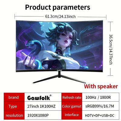 TEMU Gawfolk 27 Zoll Monitor 100hz, Pc Bildschirm , Rahmenloses 1800r Computerbildschirm Mit Freesync Und Eye Care Technologie, Unterstützt Vesa Image