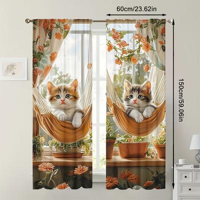 TEMU 2pcs Adorable Tabby Kittens In Curtains - Vibrant Sunflower & Orange Flowers Design, Polyester, Semi-transparent For Cozy Bedroom, Living Room, Playroom, Or Home Office Decor (rod Not Included) Image