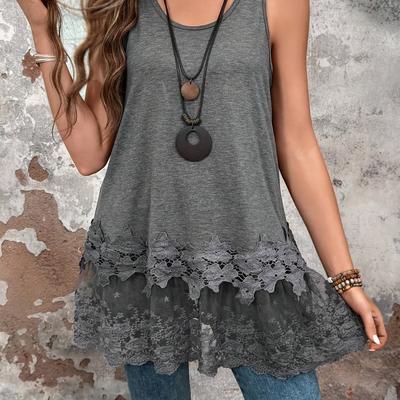 TEMU Women's Casual Sleeveless Lace Trim Tank Top - Black Round Neck Medium Stretch Top For Spring Summer Fall, Machine Washable & Versatile Layering Piece, Lace Tank Top, Seasonal Fashion, Image